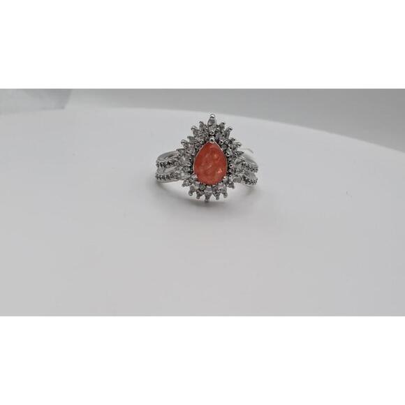 Jewelry - Silver Ring with Orange Gemstone and Clear Accent Stones, Size 8